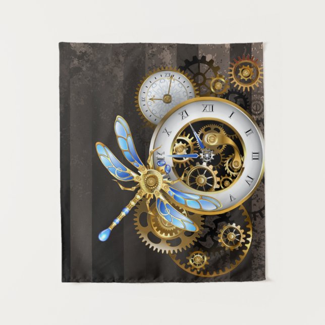 Steampunk Clock with Mechanical Dragonfly Tapestry (Front)