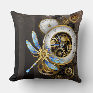 Steampunk Clock with Mechanical Dragonfly Throw Pillow