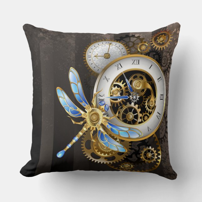 Steampunk Clock with Mechanical Dragonfly Throw Pillow (Front)