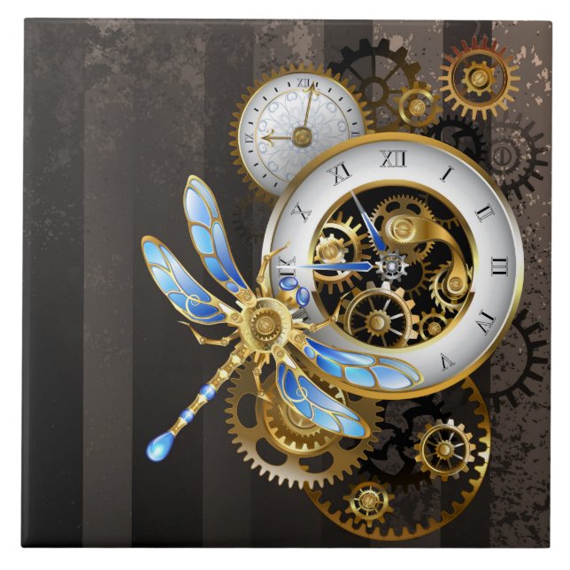 Steampunk Clock with Mechanical Dragonfly Tile (Front)