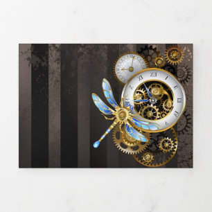 Steampunk Clock with Mechanical Dragonfly Tri-Fold Card