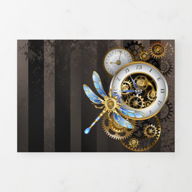 Steampunk Clock with Mechanical Dragonfly Tri-Fold Holiday Card (Cover)