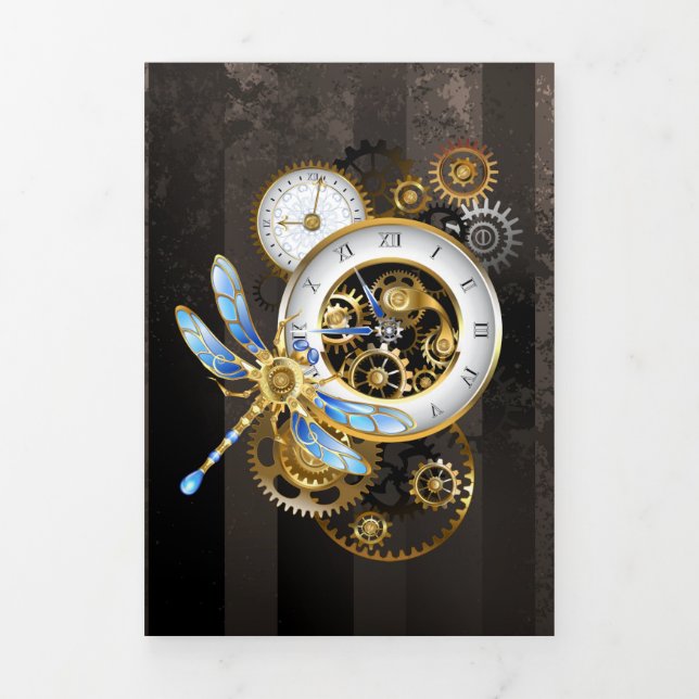 Steampunk Clock with Mechanical Dragonfly Tri-Fold Holiday Card (Cover)