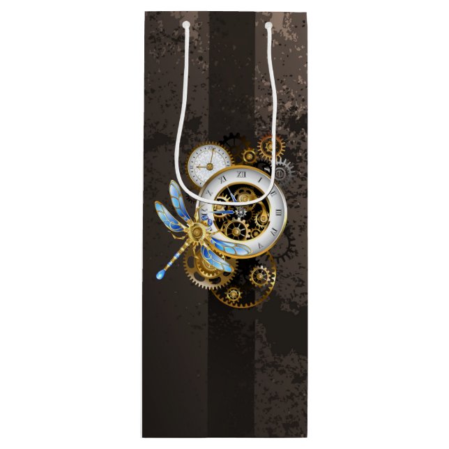 Steampunk Clock with Mechanical Dragonfly Wine Gift Bag (Front)