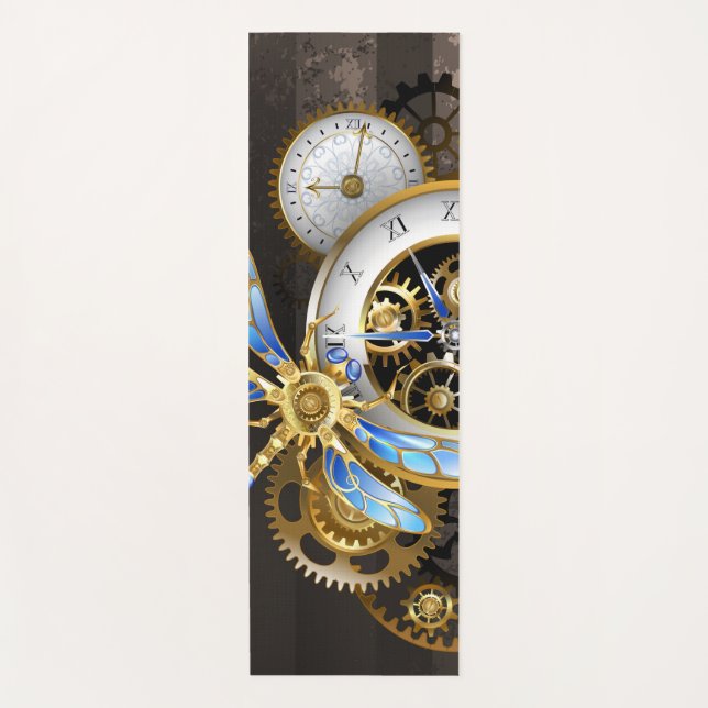 Steampunk Clock with Mechanical Dragonfly Yoga Mat (Front)