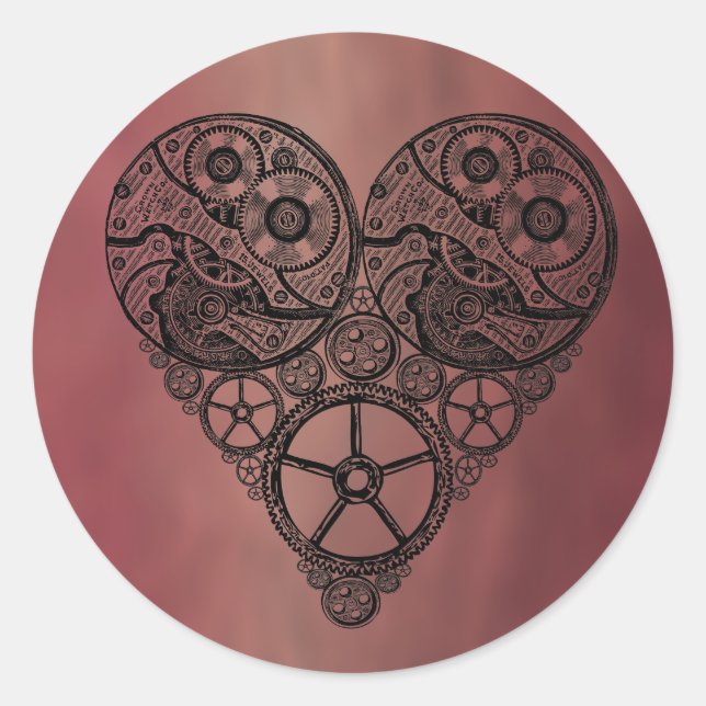 Steampunk  Clock Works and Gear Heart Classic Round Sticker (Front)