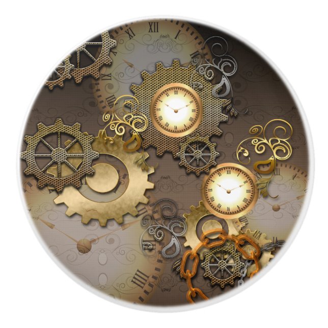 Steampunk, clocks and gears in golden metal ceramic knob (Front)