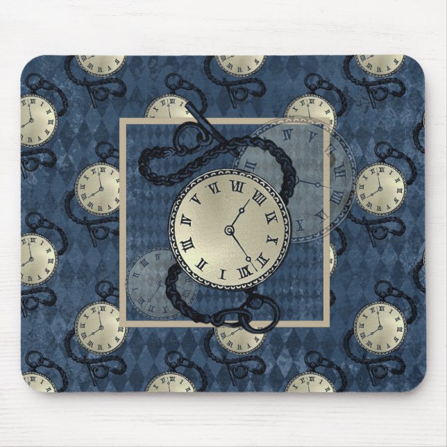 Steampunk clocks & blue diamond  mouse pad (Front)