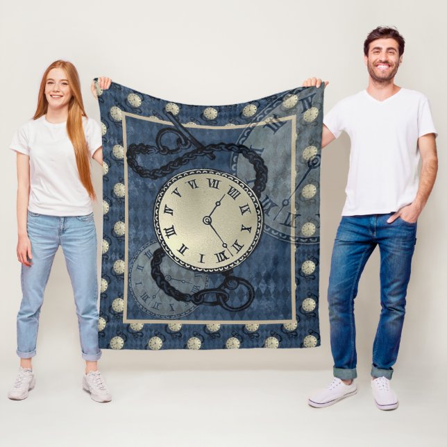 Steampunk clocks & skulls blue  fleece blanket (In Situ)