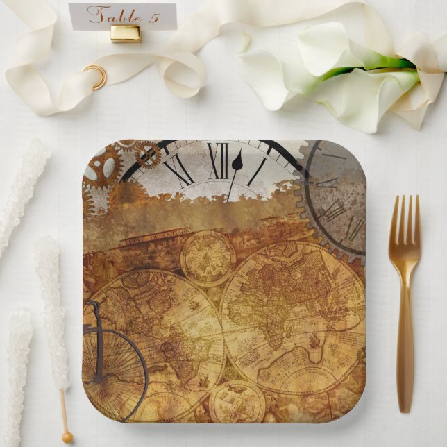 Steampunk Clocks Time Vintage Map Paper Plate (Wedding)
