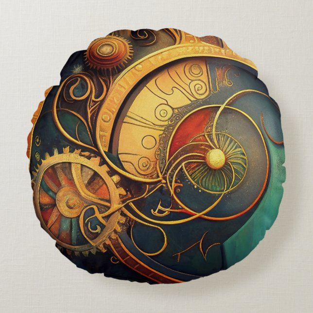 Steampunk Clockwork Abstract Design Round Pillow (Front)