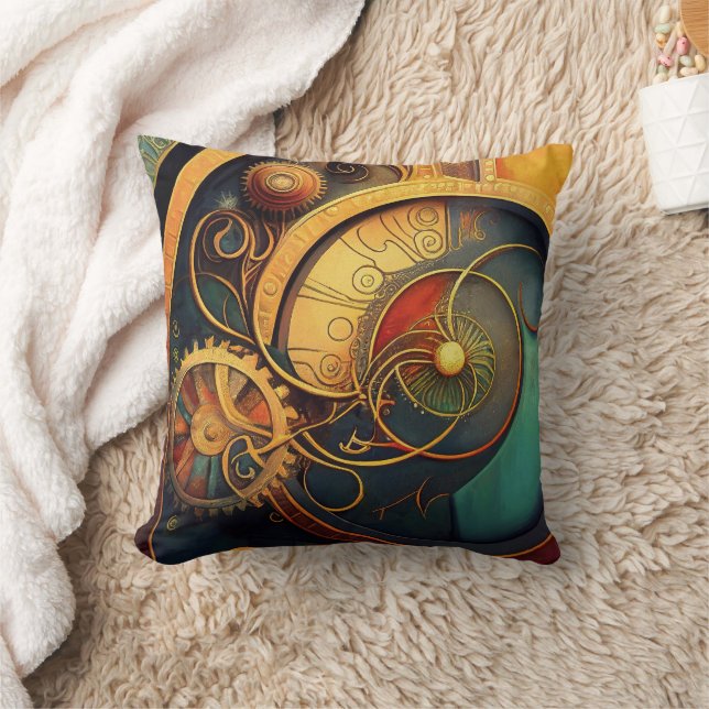 Steampunk Clockwork Abstract Design Throw Pillow (Blanket)