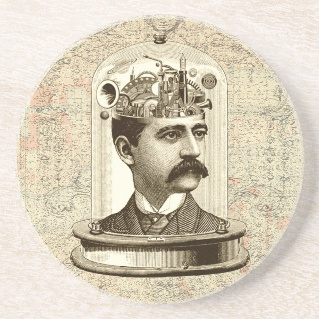 Steampunk clockwork brain head in jar coaster (Front)