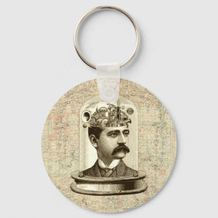 Steampunk clockwork brain head in jar keychain