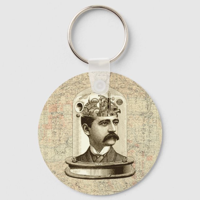 Steampunk clockwork brain head in jar keychain (Front)
