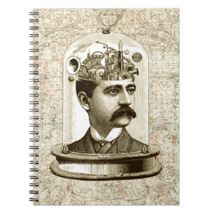 Steampunk clockwork brain head in jar notebook