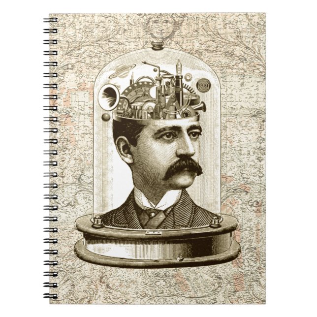 Steampunk clockwork brain head in jar notebook (Front)