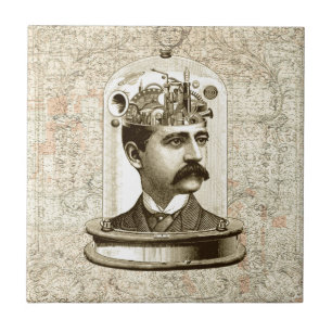 Steampunk clockwork brain head in jar tile