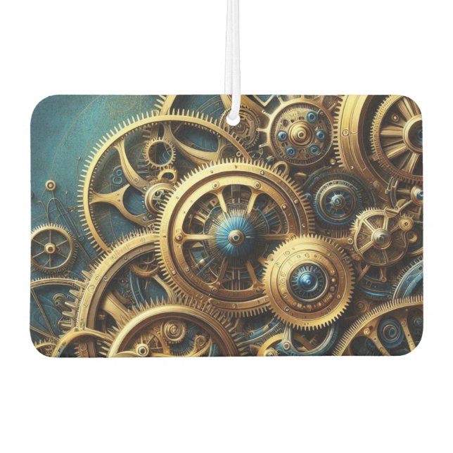Steampunk Clockwork Gold and Teal Air Freshener (Front)