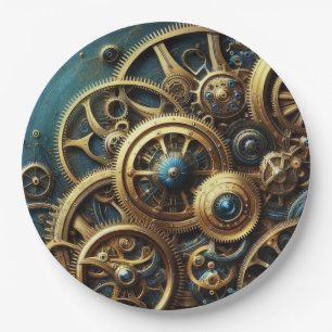 Steampunk Clockwork Gold and Teal Paper Plate