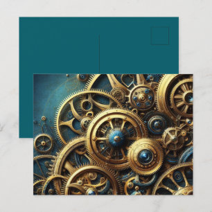 Steampunk Clockwork Gold and Teal Postcard