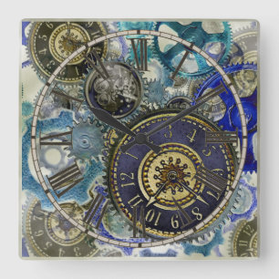 Steampunk clockwork pattern square wall clock