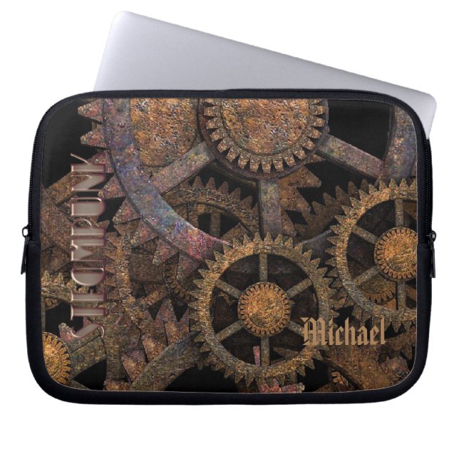 Steampunk Cogs and Wheels Personalised Laptop Sleeve (Front)