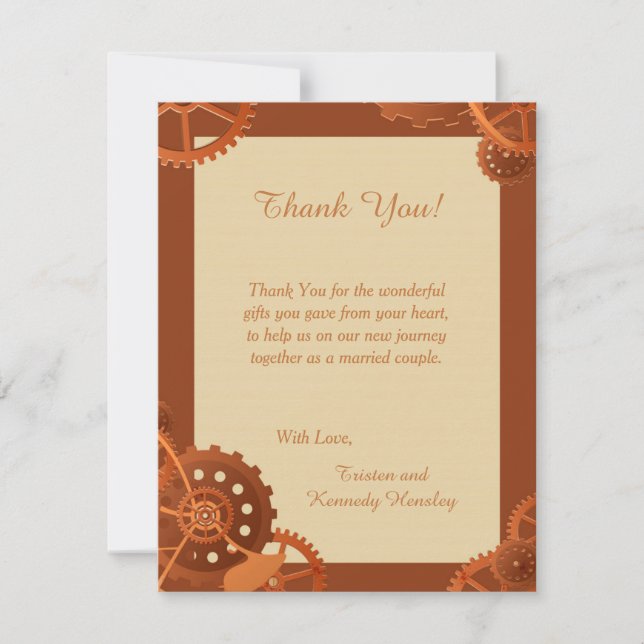 Steampunk Cogs Gears 4x5 Wedding Thank You Card (Front)