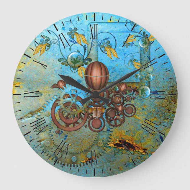 Steampunk Collage Aqua Copper Wall Clock (Front)