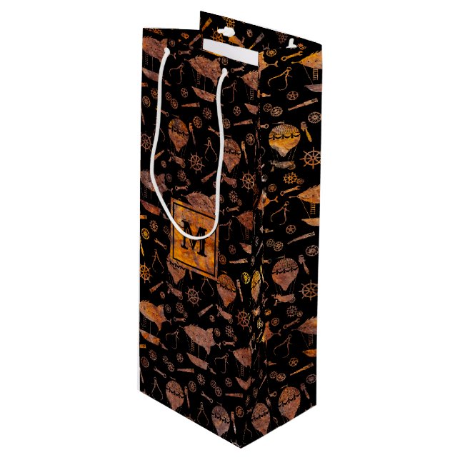Steampunk Colorful Rusty Airships Monogram Wine Gift Bag (Front Angled)