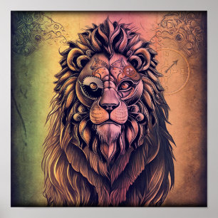 Steampunk Colour Gradient Rustic Lion Poster