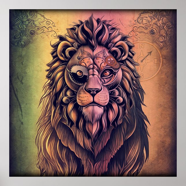 Steampunk Colour Gradient Rustic Lion Poster (Front)