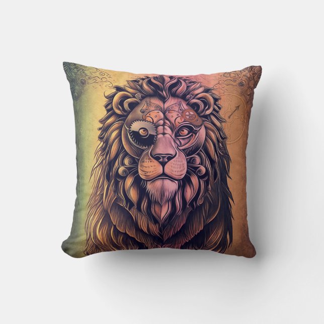 Steampunk Colour Gradient Rustic Lion Throw Pillow (Front)