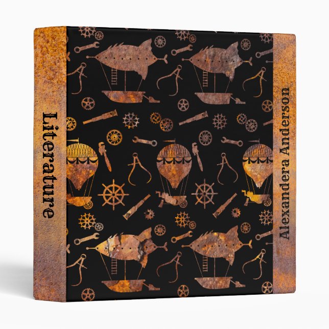 Steampunk Colourful Rusty Airship Theme Your Name Binder (Front/Spine)
