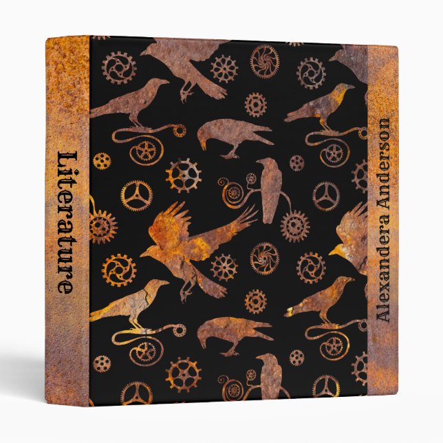 Steampunk Colourful Rusty Gears and Crows Your Nam Binder (Front/Spine)