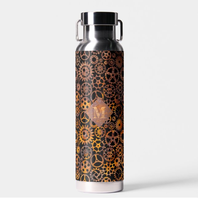 Steampunk Colourful Rusty Gears Custom Monogram Water Bottle (Front)