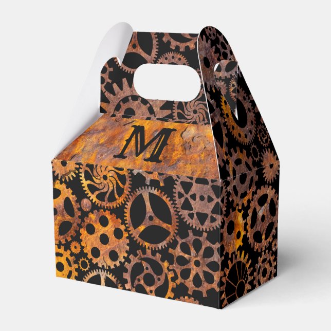 Steampunk Colourful Rusty Gears Monogram Gable Favor Box (Front Side)