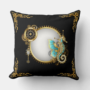 Steampunk Colourful Seahorse on White and Gold  Throw Pillow