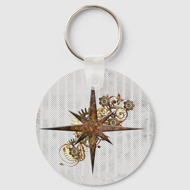 Steampunk Compass Star Grunge Keychain (Front)