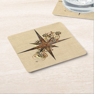 Steampunk Compass Star Square Paper Coaster