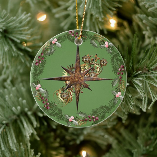 Steampunk Compass Star & Wreath Customizable Ceramic Ornament (Tree)