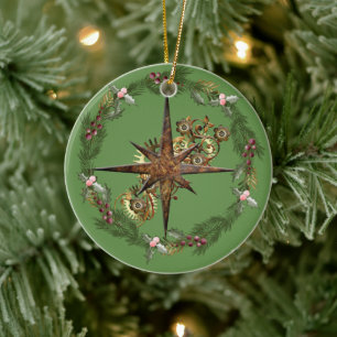 Steampunk Compass Star & Wreath Customizable Ceramic Ornament