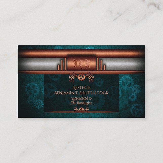 Steampunk copper and silver on teal cogs, Monogram Business Card (Front)