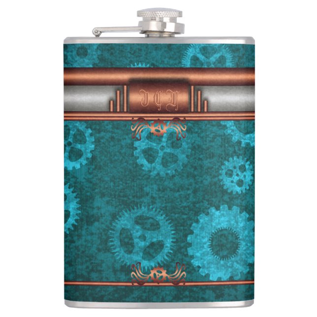 Steampunk, copper-look on teal cogwheels, Monogram Hip Flask (Front)