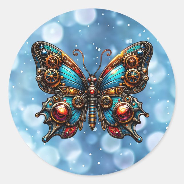 Steampunk Copper Metal Gears Butterfly Classic Round Sticker (Front)