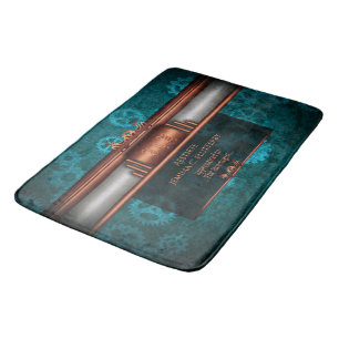 Steampunk, copper on teal cogwheels, Monogram Bath Mat