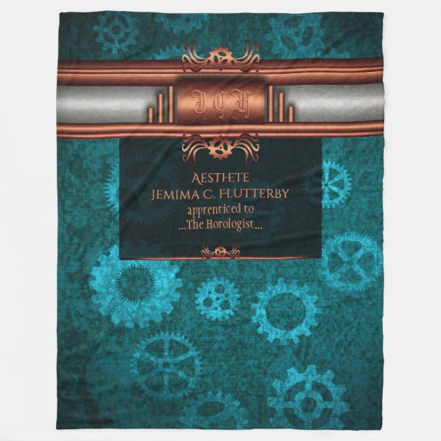 Steampunk, copper on teal cogwheels, Monogram Fleece Blanket (Front)