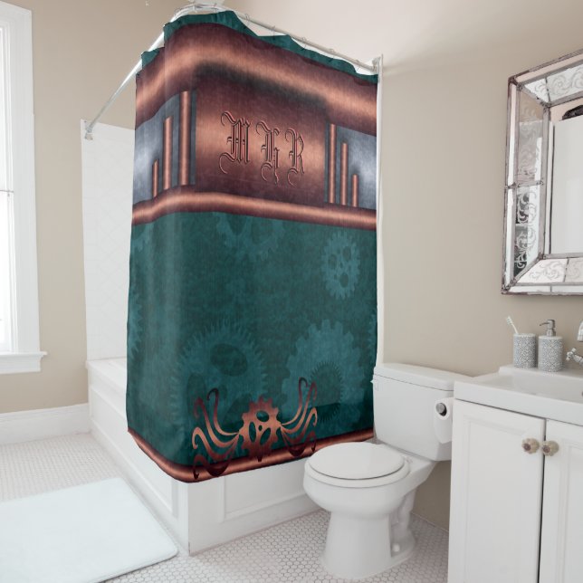 Steampunk, copper on teal sprockets, Monogram (In Situ)