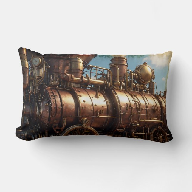 Steampunk Copper Steam Train Lumbar Pillow (Front)