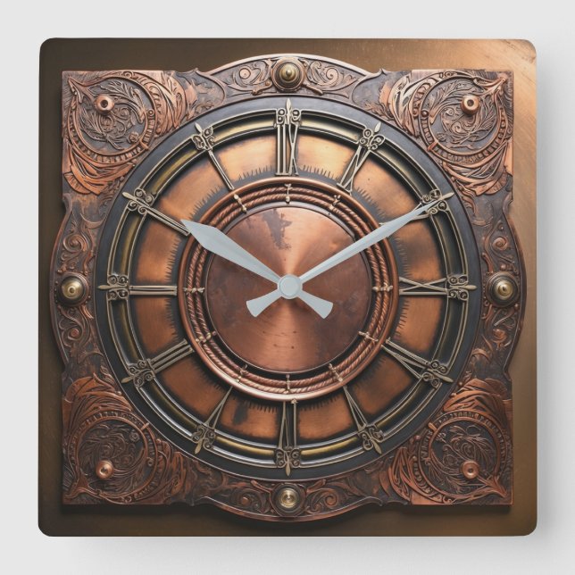 Steampunk Copper Time Face Square Wall Clock (Front)